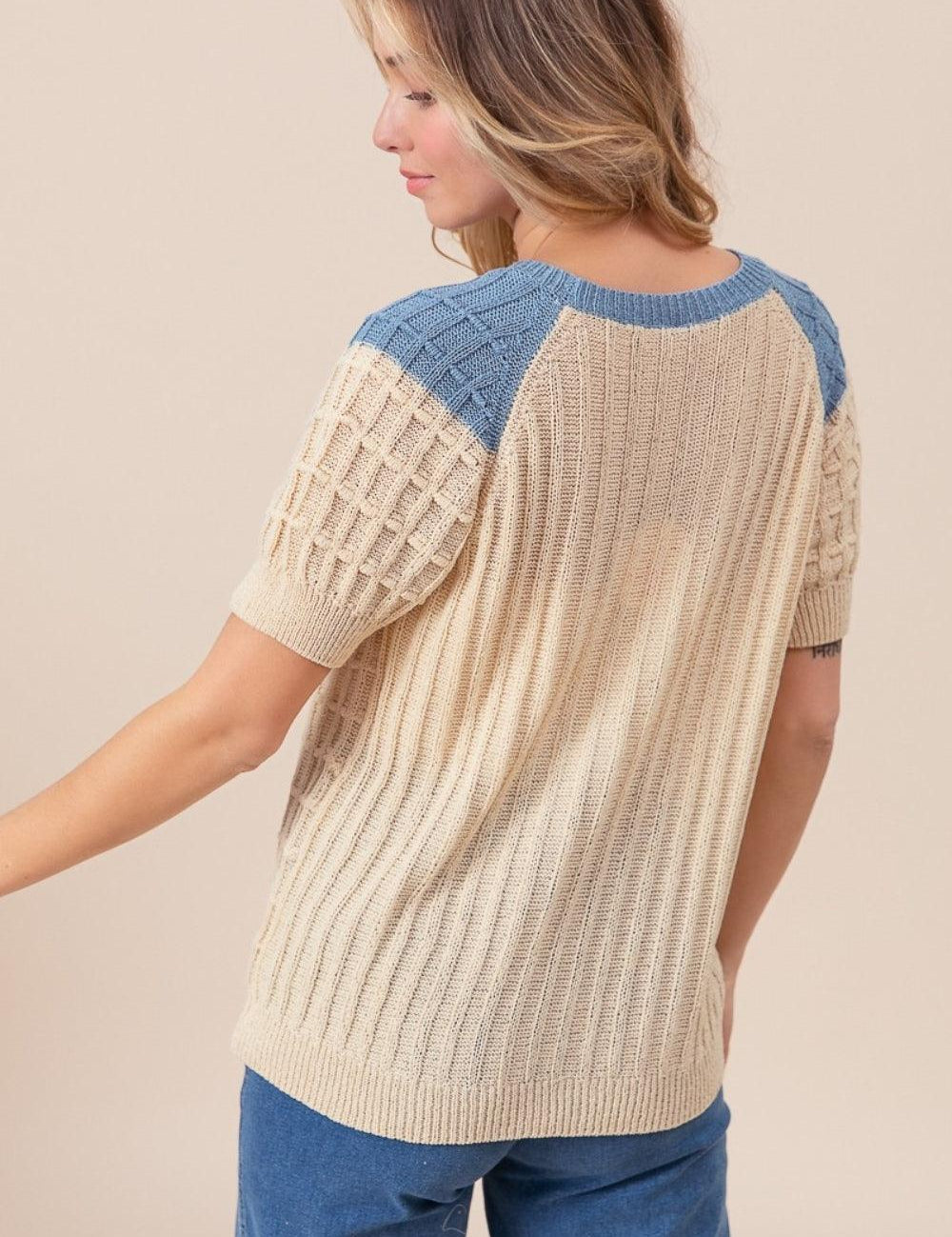 BiBi Textured Contrast Short Sleeve Sweater | Sweaters Daverri Fashions