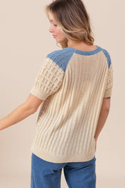 BiBi Textured Contrast Short Sleeve Sweater | Sweaters Daverri Fashions