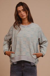 DENIM BiBi Mineral Washed Checkered Round Neck Denim Top | Tops Daverri Fashions