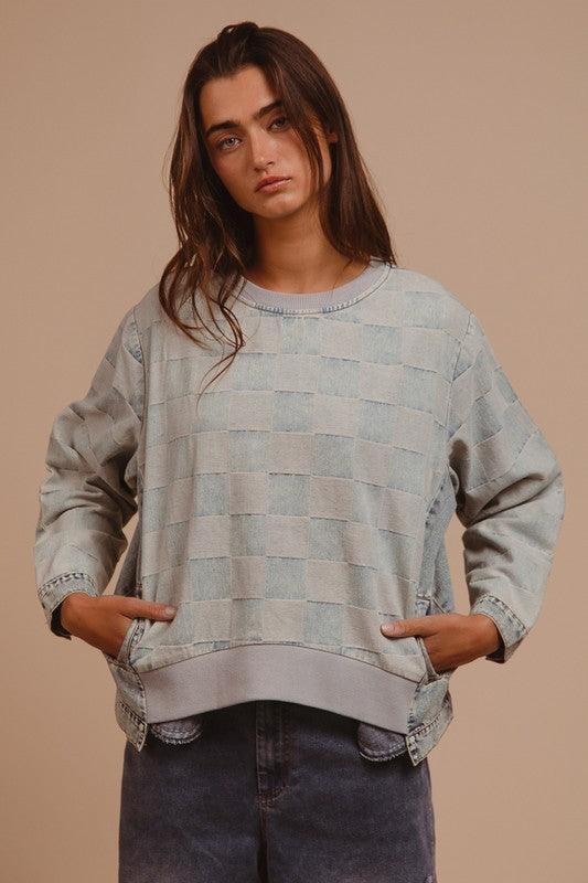 DENIM BiBi Mineral Washed Checkered Round Neck Denim Top | Tops Daverri Fashions