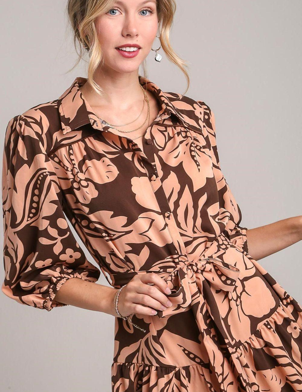 Brown Umgee Two Tone Floral Print Puff Sleeve Tie Waist Dress | Mini Dresses Daverri Fashions