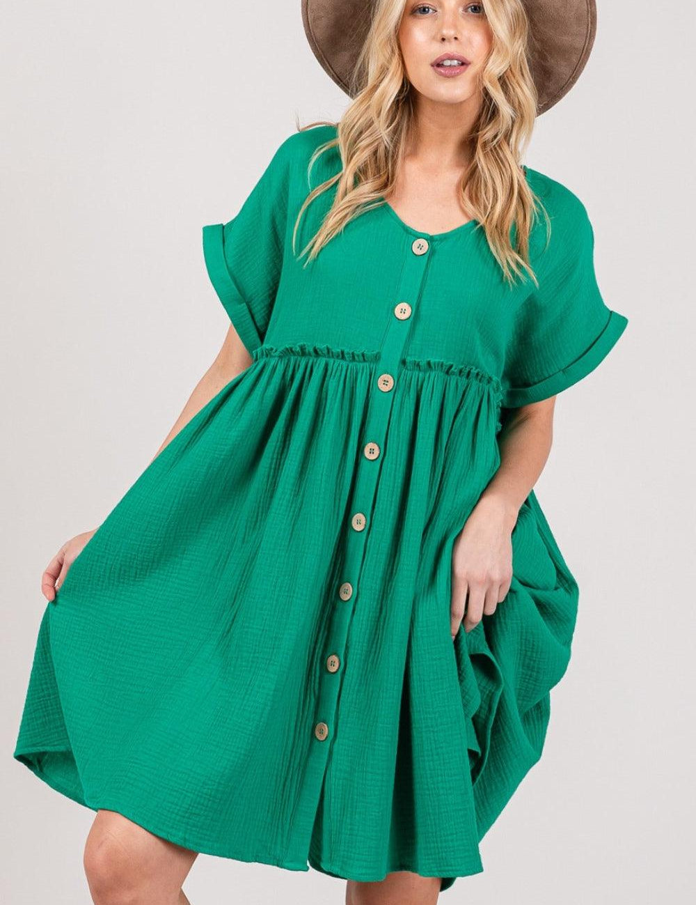 Kelly Green SAGE + FIG Full Size Button Up Short Sleeve Dress | Knee Length Dresses Daverri Fashions
