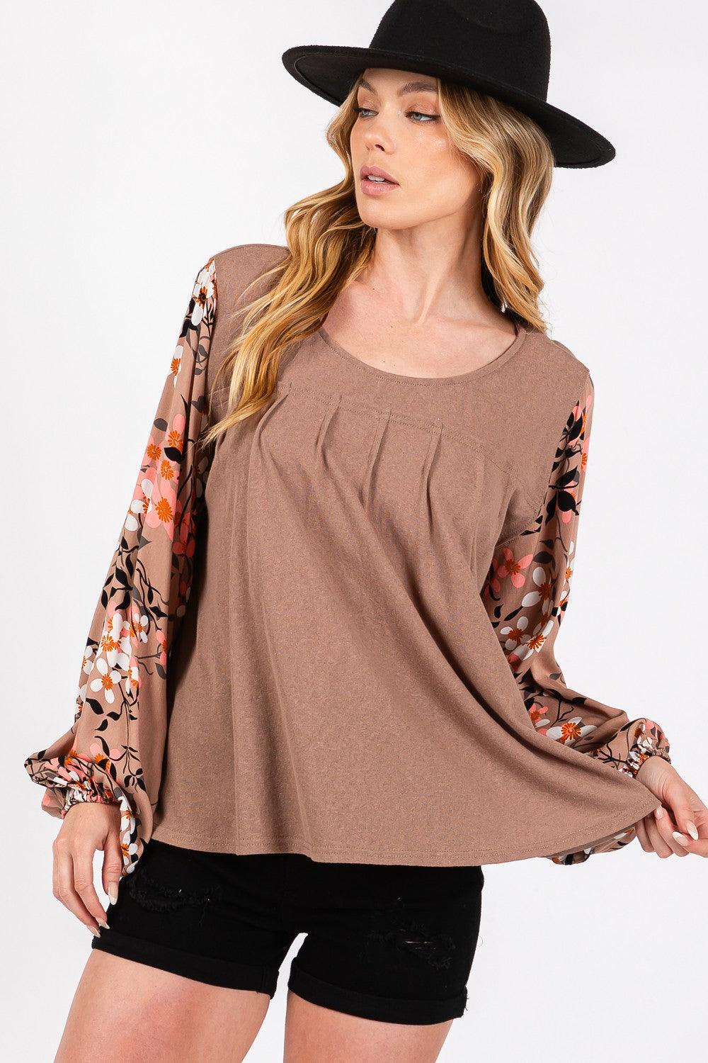 Brown SAGE + FIG Floral Long Sleeve Front Pleated Detail Blouse | Blouses Daverri Fashions