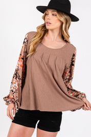 Brown SAGE + FIG Floral Long Sleeve Front Pleated Detail Blouse | Blouses Daverri Fashions