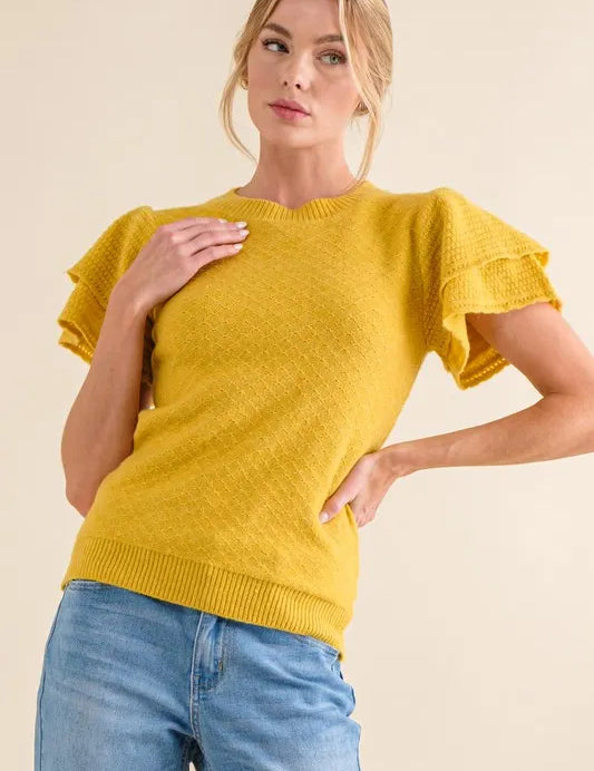 MUSTARD And The Why Double Layered Ruffle Sleeves Sweater Top | Sweaters Daverri Fashions