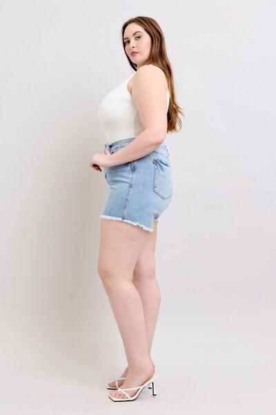 Judy Blue Tummy Control Raw Hem Denim Shorts | Denim Shorts Daverri Fashions