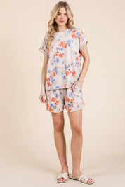 BOMBOM Floral Round Neck RIbbed T-Shirt | Daverri Fashions