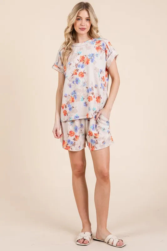 BOMBOM Floral Round Neck RIbbed T-Shirt | Daverri Fashions