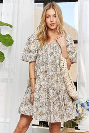 Light Blue ADORA Floral Square Neck Puff Sleeve Dress | Daverri Fashions