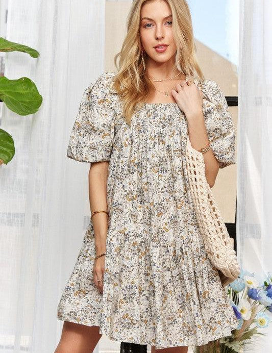 Light Blue ADORA Floral Square Neck Puff Sleeve Dress | Daverri Fashions