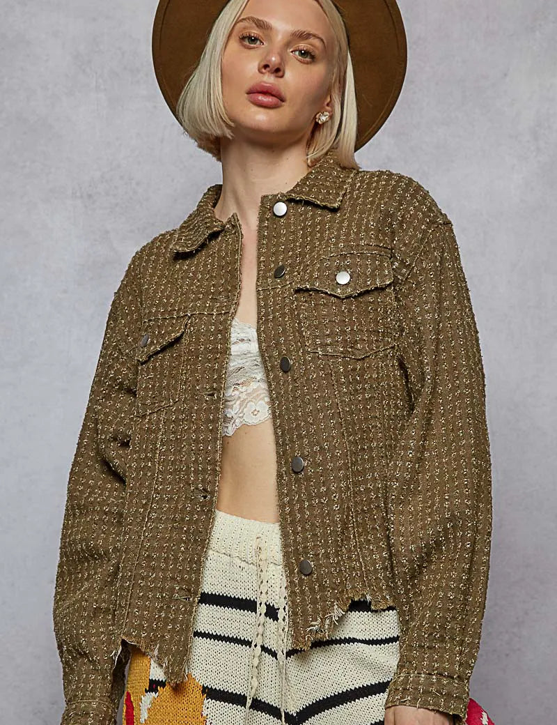 Olive POL Raw Hem Button Up Jacket with Chest Pockets | Jackets Daverri Fashions