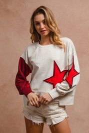 BiBi Star Patch And Spliced Hemline French Terry Long Sleeve Sweatshirt | Daverri Fashions