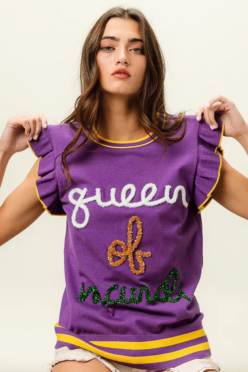 BiBi Queen Of Mardi Ruffled Armhole Sleeveless Knit Top | Knit Tops Daverri Fashions