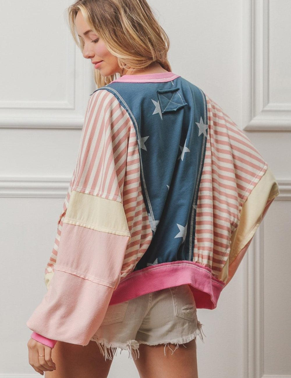 BiBi Stars and Stripes Round Neck Long Sleeve Top XL | Tops Daverri Fashions