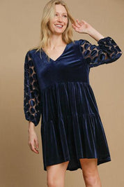 Navy Umgee Dotted Lace Sleeve Tiered Velvet Mini Dress | Mini Dresses Daverri Fashions