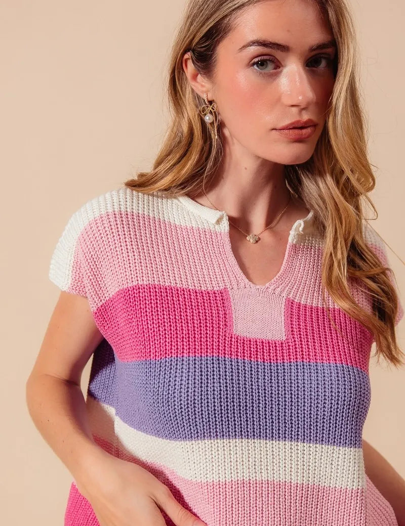 SO ME Multi Color Stripe Loose Fit Cap Sleeve Sweater Top | Sweaters Daverri Fashions