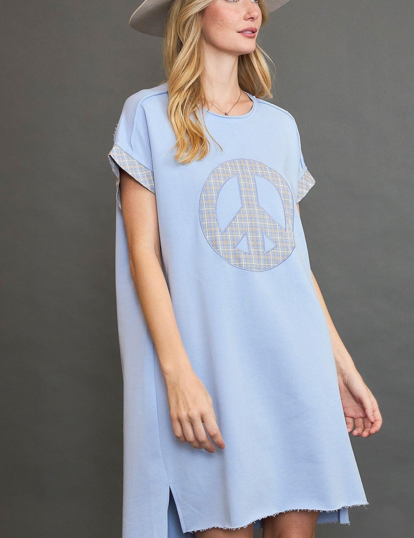 Light Blue Umgee Peace Plaid Applique Short Sleeve Mini Dress | Daverri Fashions