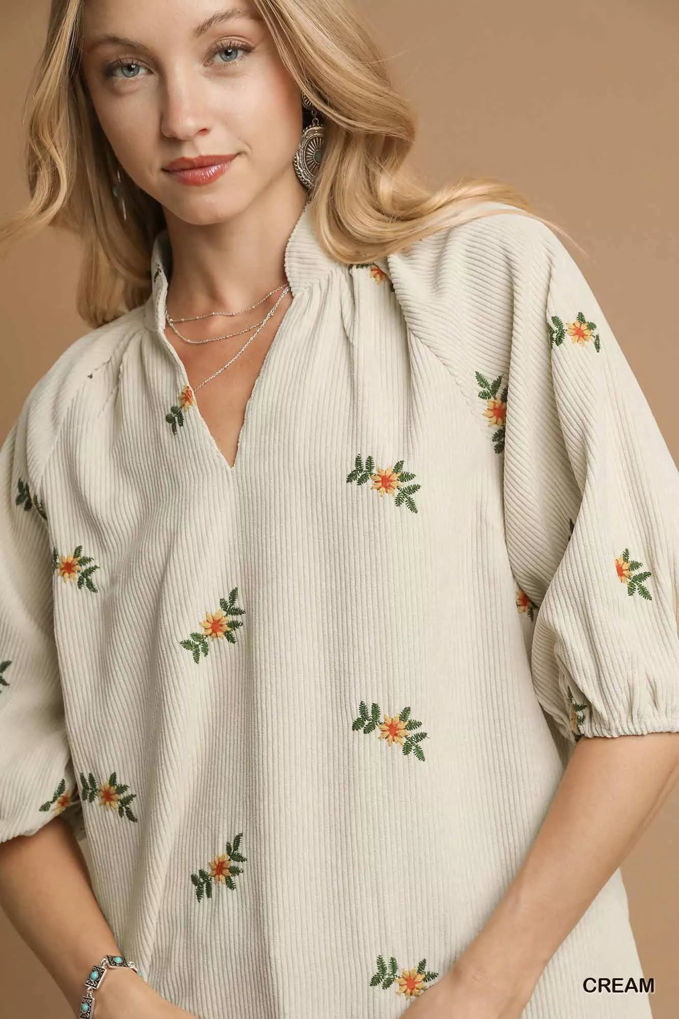 Umgee Corduroy Floral Embroidered Puff Sleeve Blouse | Blouses Daverri Fashions