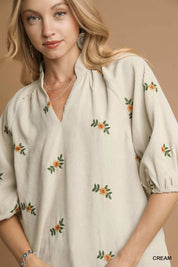 Umgee Corduroy Floral Embroidered Puff Sleeve Blouse | Blouses Daverri Fashions