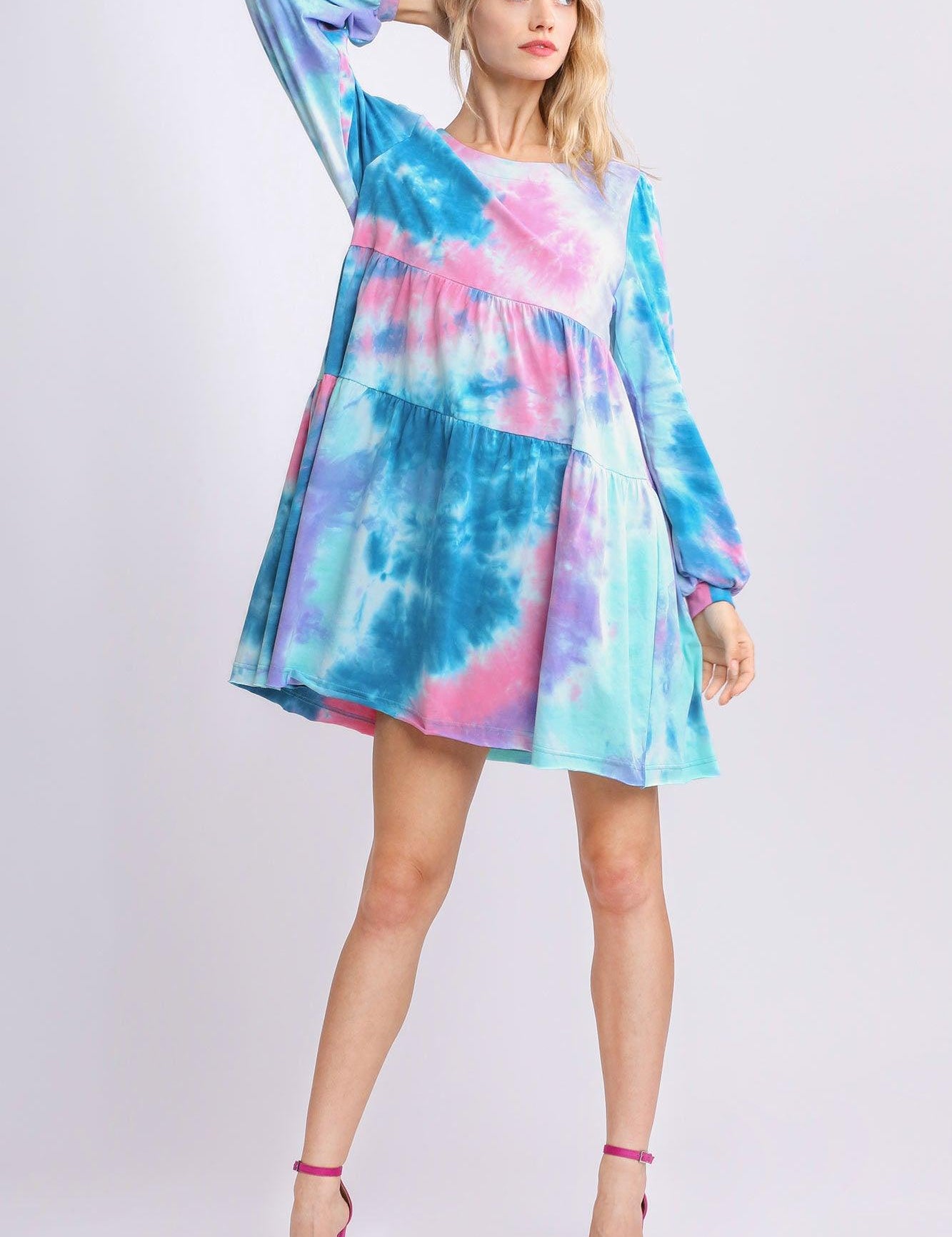 Tie Dye Round Neck Long Sleeve Babydoll Tiered Dress | Babydoll Dresses Daverri Fashions