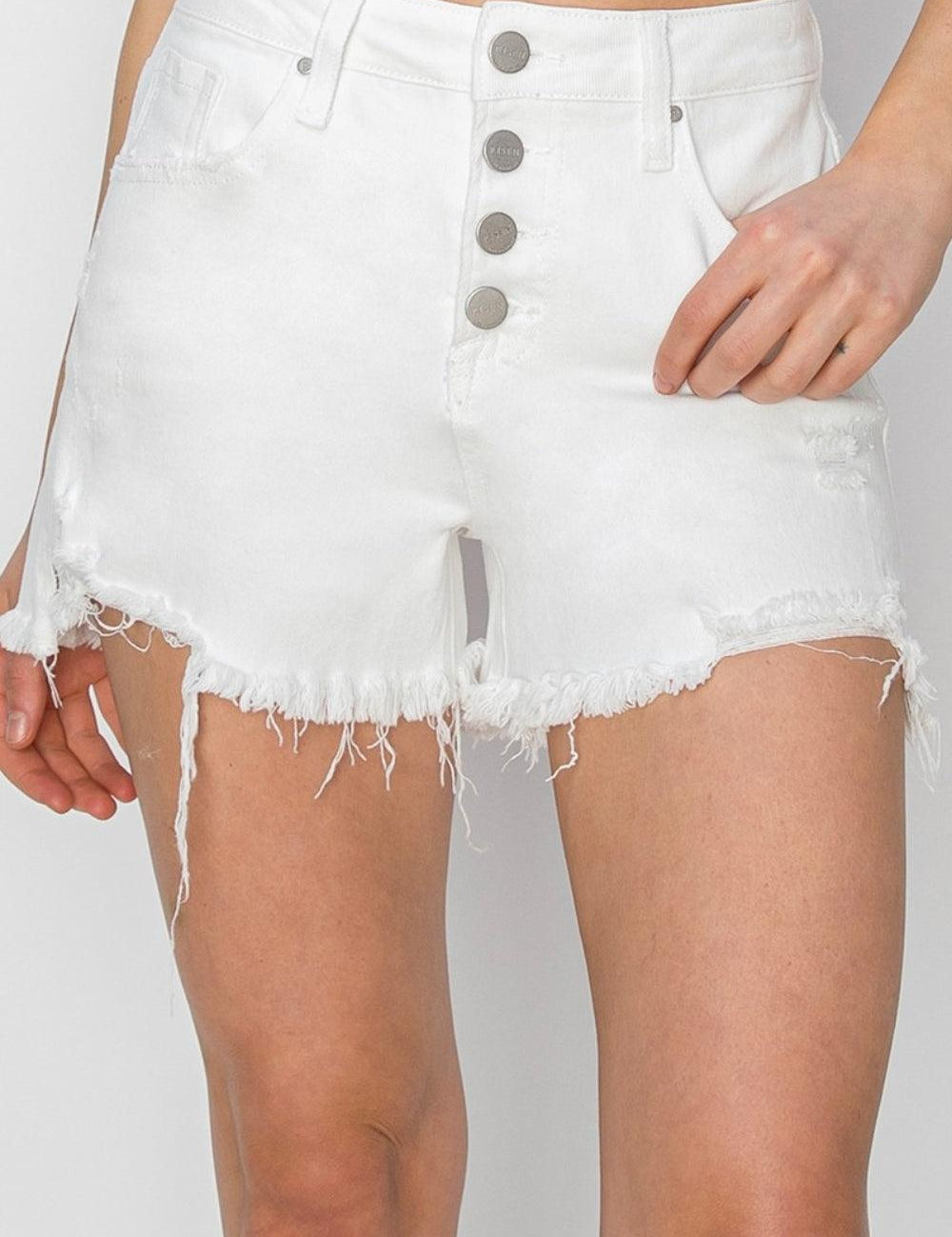 White S RISEN Button Fly Frayed Hem Denim Shorts | Daverri Fashions