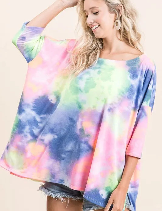 BLUE N.YELLOW BiBi Tie Dye Print Low Gauge Knit Top | Knit Tops Daverri Fashions