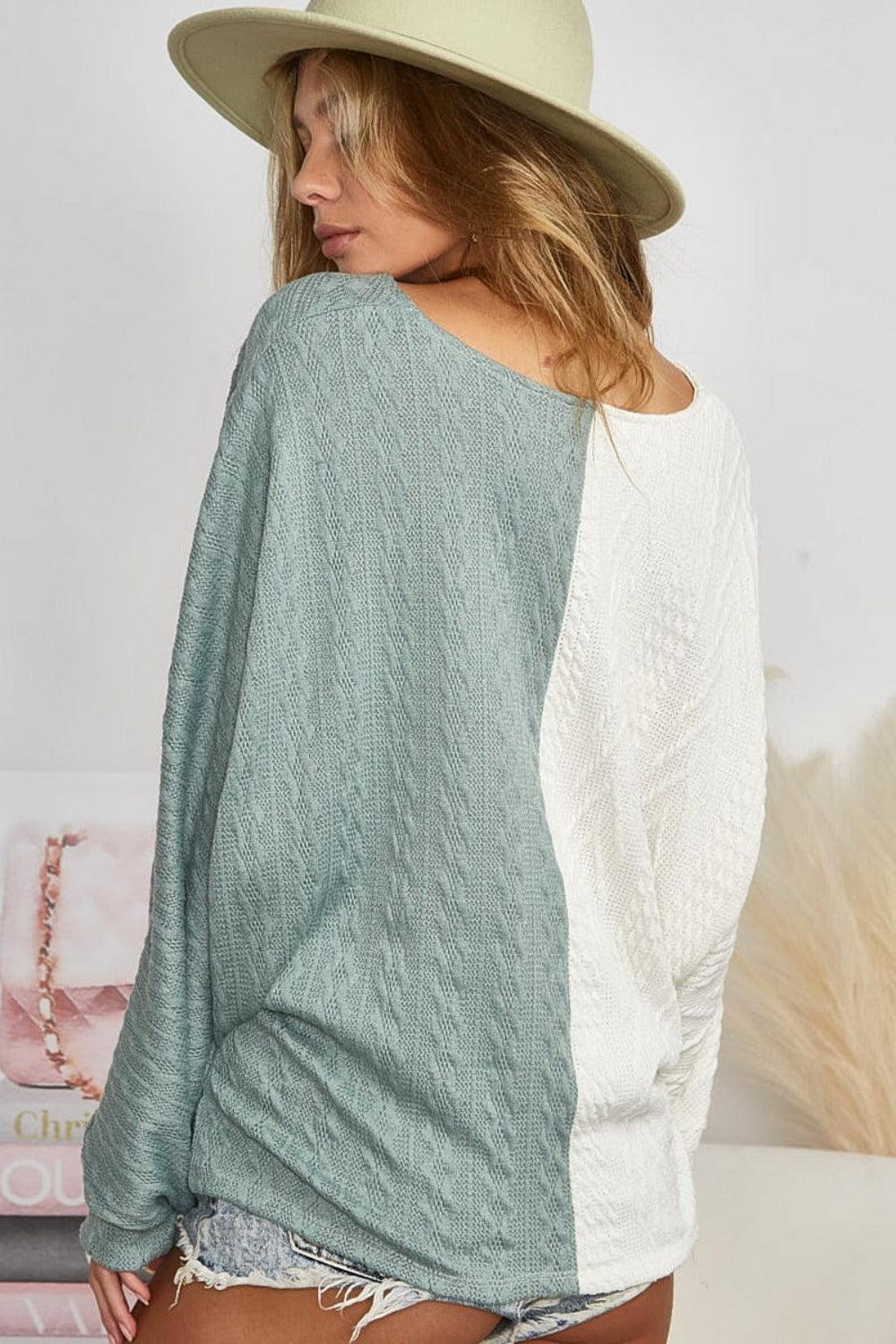 BiBi Twist Front Contrast Cable Knit Top | Tops Daverri Fashions