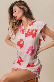 BiBi Bow Printed Woven Ruffled Sleeves V Neck Top | Tops Daverri Fashions