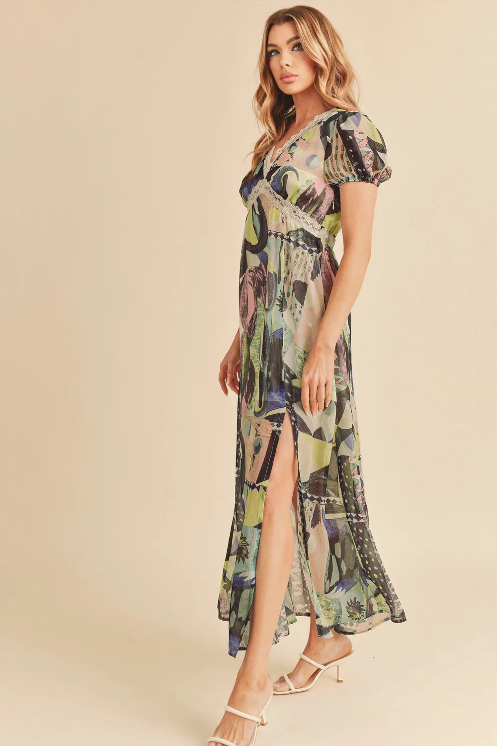 Aemi + Co Lace Detail Slit Geometric Print Short Sleeve Maxi Dress | Daverri Fashions
