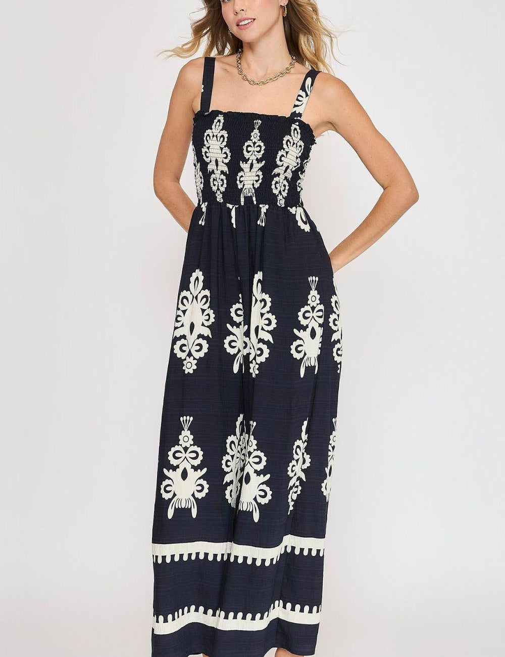 Dark Navy Umgee Smocked Printed Wide Leg Jumpsuit Plus Size | Jumpsuits Daverri Fashions