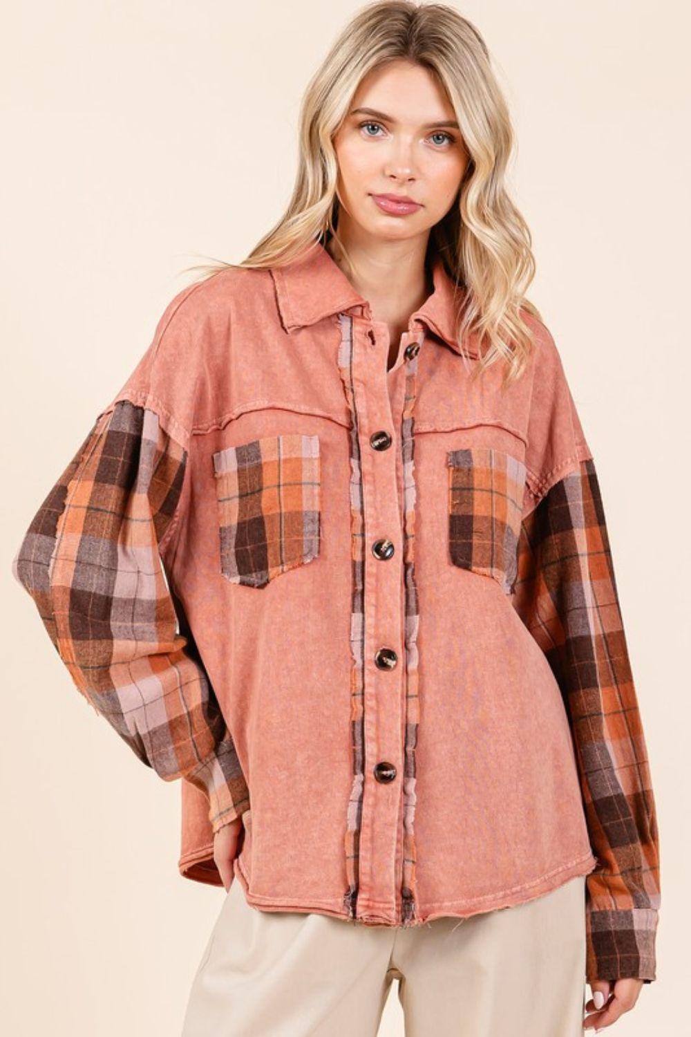 Mittoshop Button Down Contrast Plaid Patchwork Shacket | Daverri Fashions