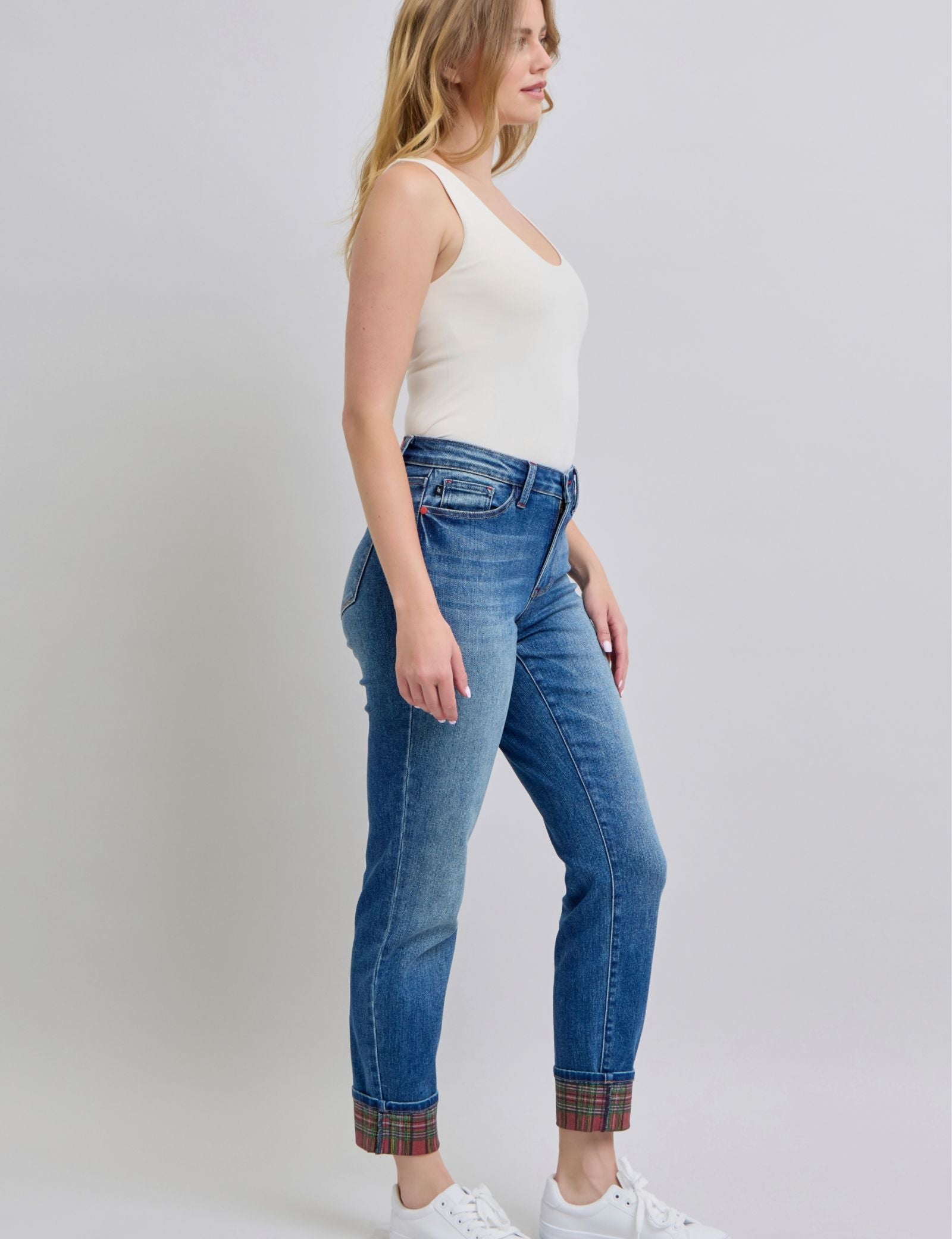 Judy Blue Full Size Plaid Print Cuff Straight Leg Jeans with Pockets | Daverri Fashions