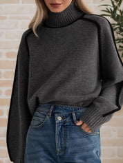 Dark Gray Contrast Trim Turtleneck Sweater | Sweaters Daverri Fashions