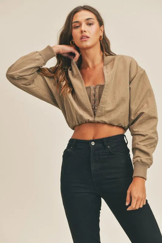 Mocha MABLE Long Sleeve Two Way Jacket | Daverri Fashions