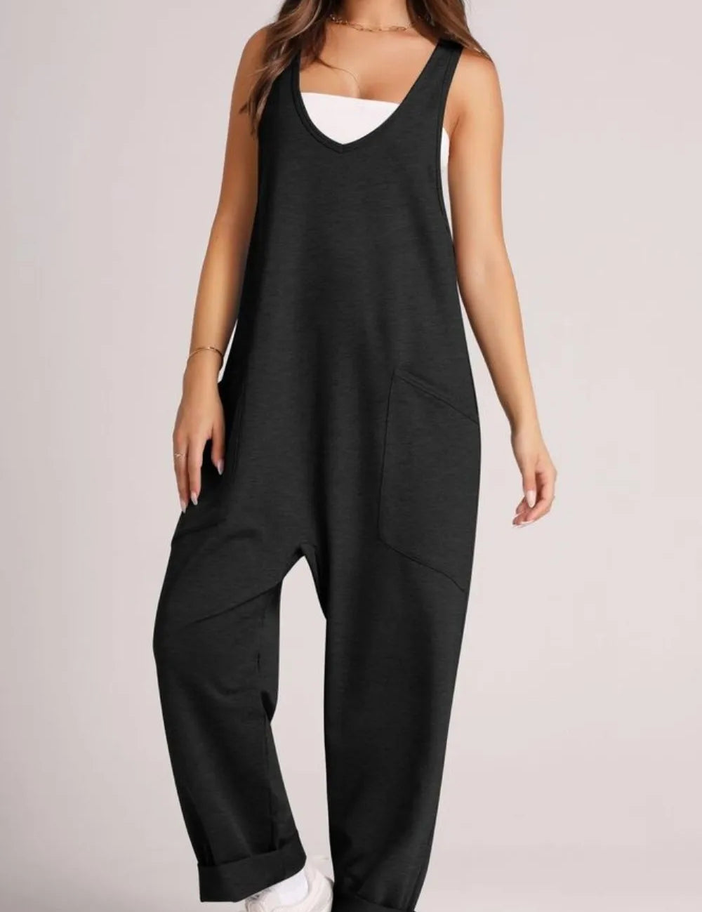 Black Lovelet Wide Strap Jumpsuit with Pockets | Overalls Daverri Fashions
