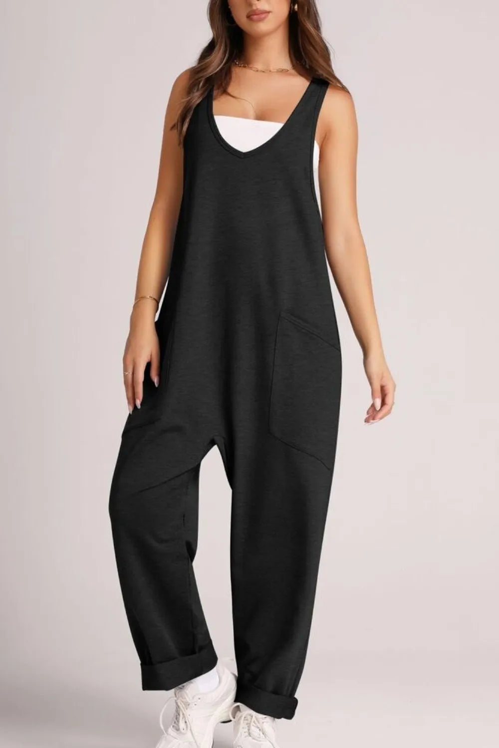 Black Lovelet Wide Strap Jumpsuit with Pockets | Overalls Daverri Fashions