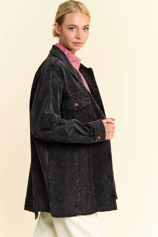 Davi & Dani Washed Corduroy Raw Hem Button Up Jacket | Daverri Fashions