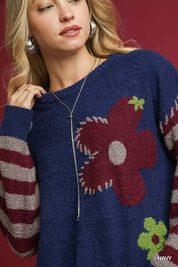 Umgee Flower Jacquard Striped Long Sleeve Sweater | Sweaters Daverri Fashions