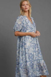 Umgee Full Size Printed Puff Short Sleeve Midi Dress Plus Size | Mid Dresses Daverri Fashions