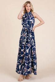 Lime 'N' Chili Abstract Halter Neck Tie-Waist Tiered Maxi Dress | Daverri Fashions