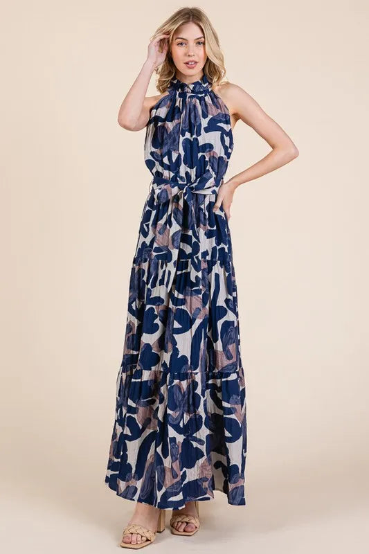 Lime 'N' Chili Abstract Halter Neck Tie-Waist Tiered Maxi Dress | Daverri Fashions