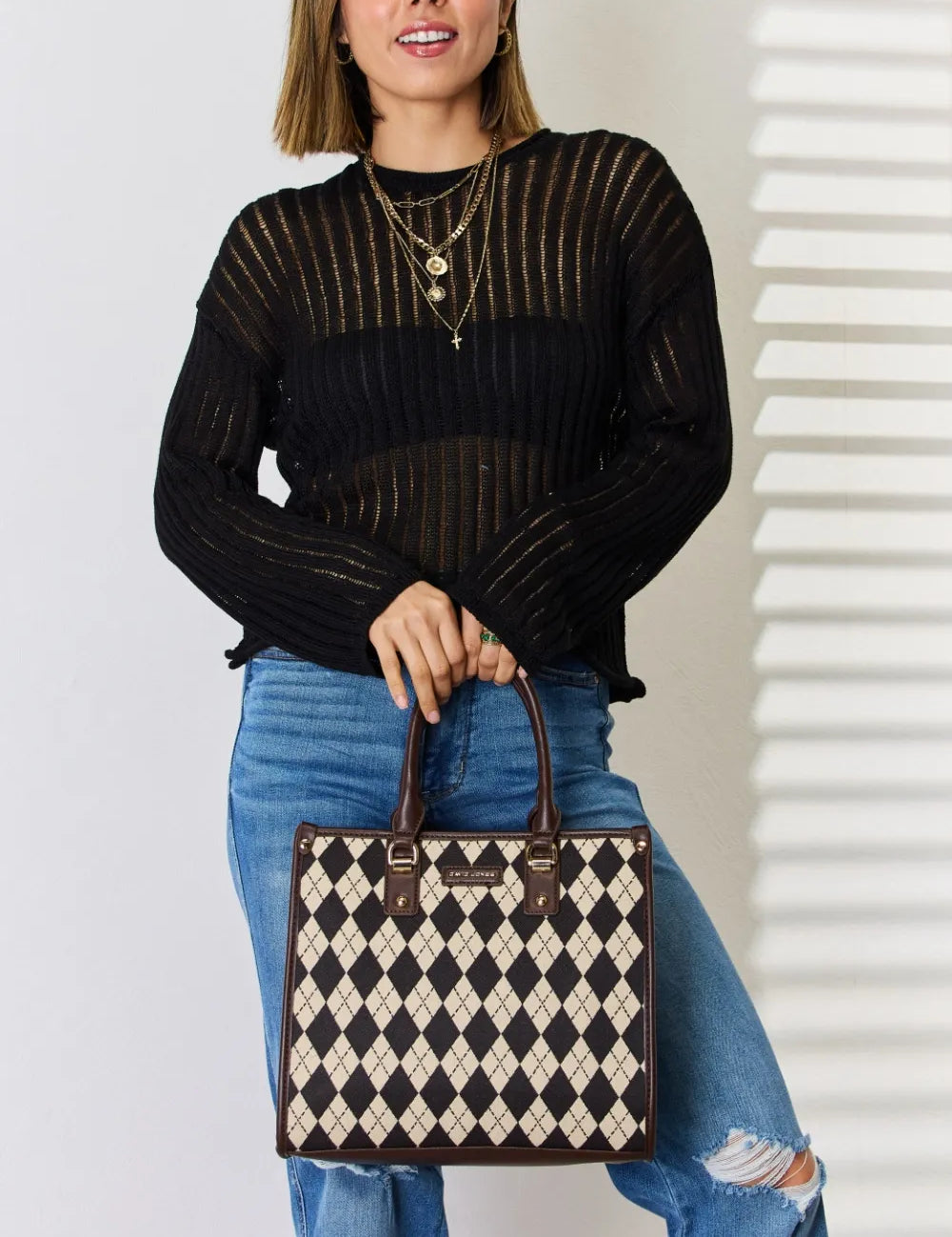 Chocolate One Size David Jones Argyle Pattern PU Leather Handbag | Handbags Daverri Fashions