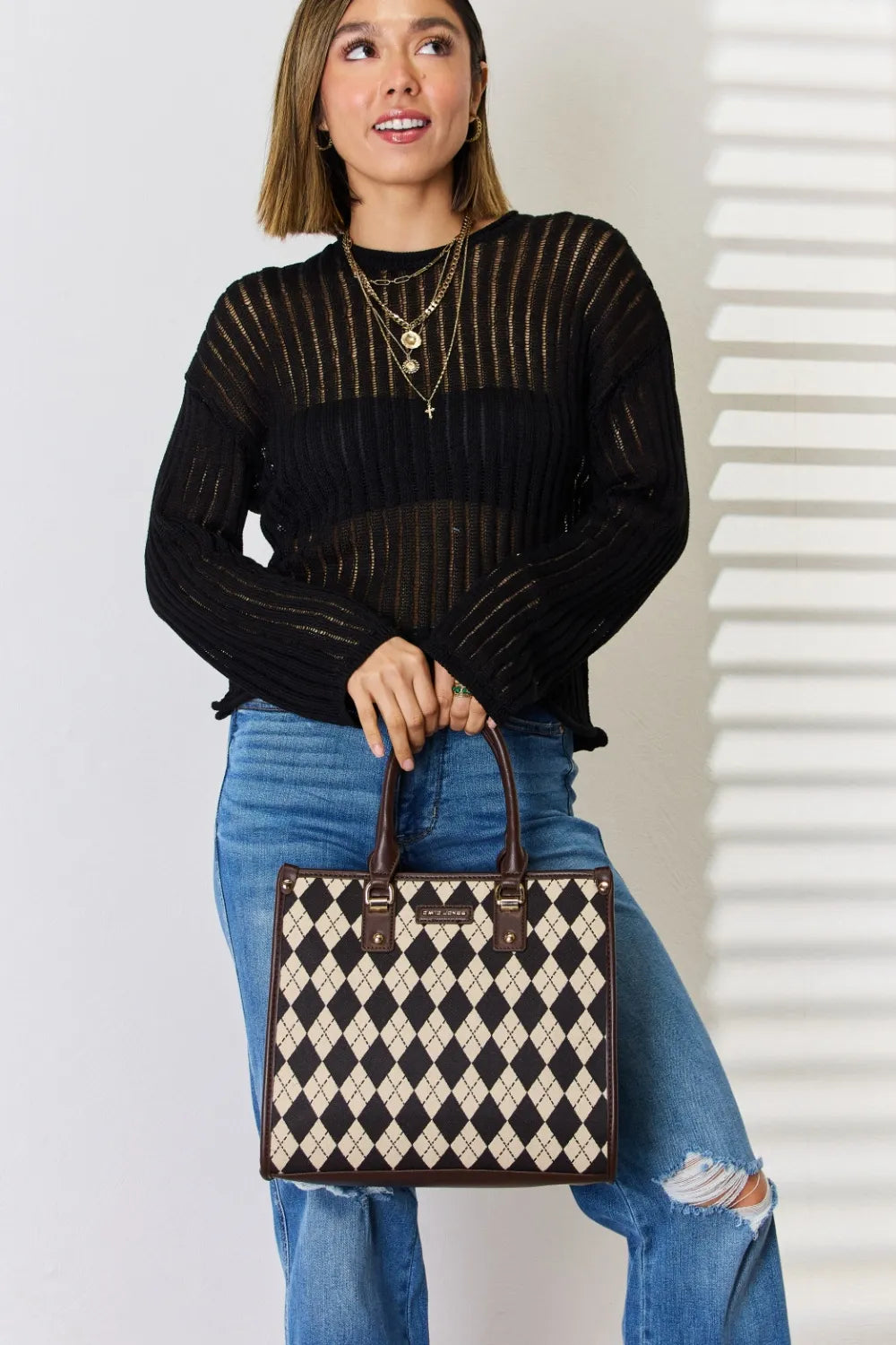 Chocolate One Size David Jones Argyle Pattern PU Leather Handbag | Handbags Daverri Fashions