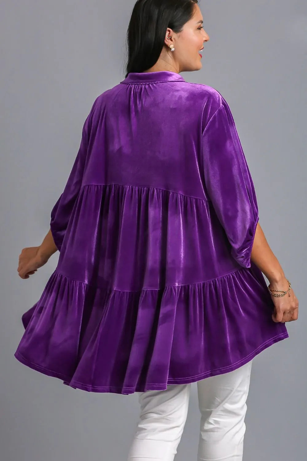 Umgee Full Size Button Down Tiered Back High Low Shirt | Daverri Fashions