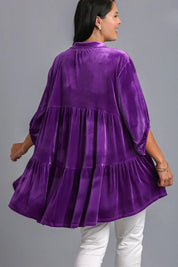Umgee Full Size Button Down Tiered Back High Low Shirt | Daverri Fashions