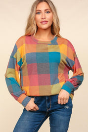 Haptics Round Neck Color Block Plaid Top | Tops Daverri Fashions