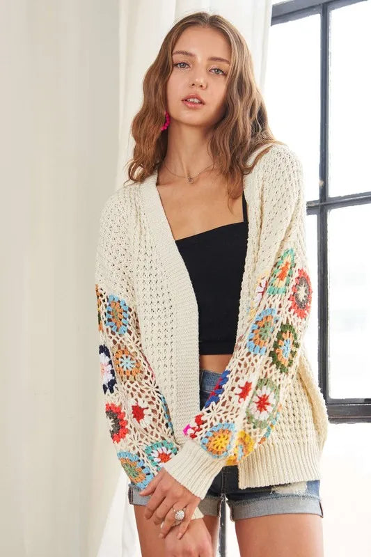 ADORA Full Size Contrast Crochet Open Front Long Sleeve Cardigan | Cardigans Daverri Fashions
