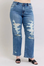 Judy Blue Full Size High Waist Heavy Destroy Straight Jeans Plus Size | Daverri Fashions