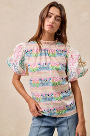 BiBi Ruffle Neckline Blouse With Embroidery Bubble Sleeve | Daverri Fashions