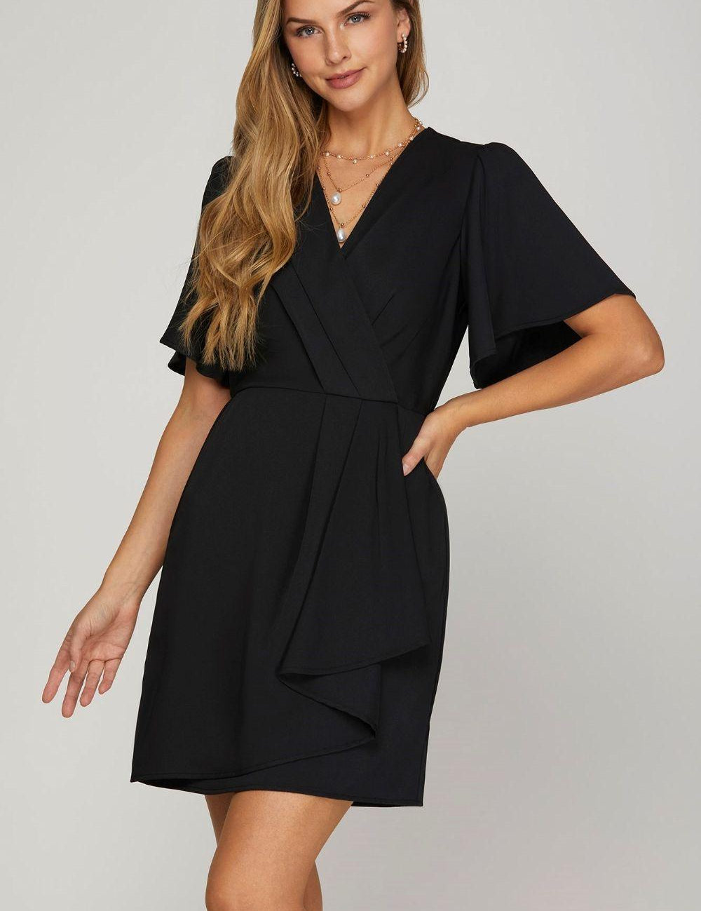 Black She + Sky Ruffled Surplice Short Flutter Sleeve Mini Dress | Mini Dresses Daverri Fashions